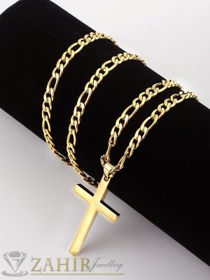   Класическа верижка фигаро плетка със стоманен полиран кръст 5 на 3 см, ланец в 4 дължини, широк 0,7 см, златно покритие - ML1598